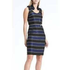 Banana Republic Blue Black Satin Ruffle Neck Sleeveless Dress Size 8 Lined